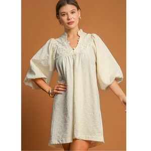 White Floral Textured Bubble Sleeve Notched Neck Mini Dress